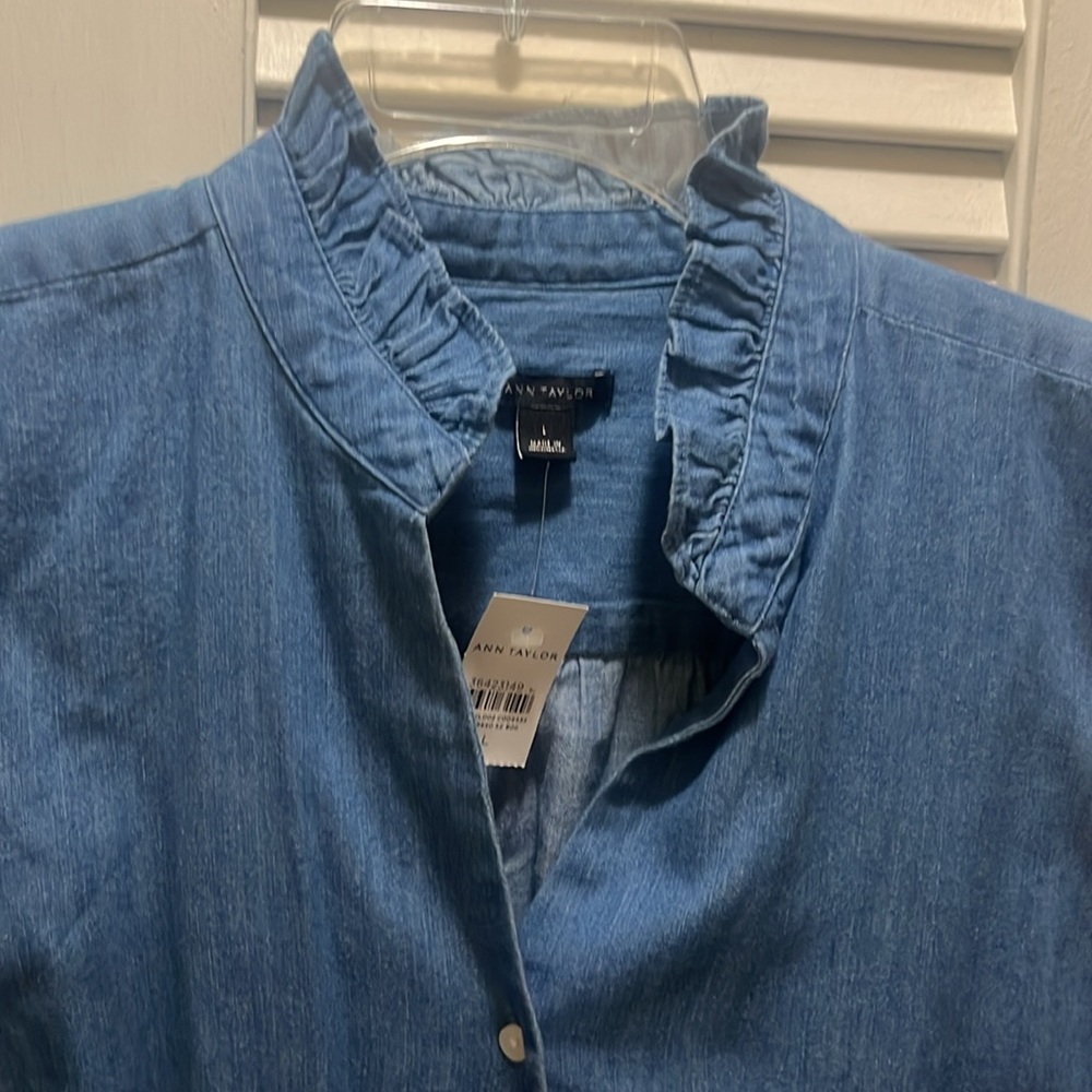 Ann Taylor L chambray Blue Sleeveless Button-Down Shirt - Picture 3 of 5